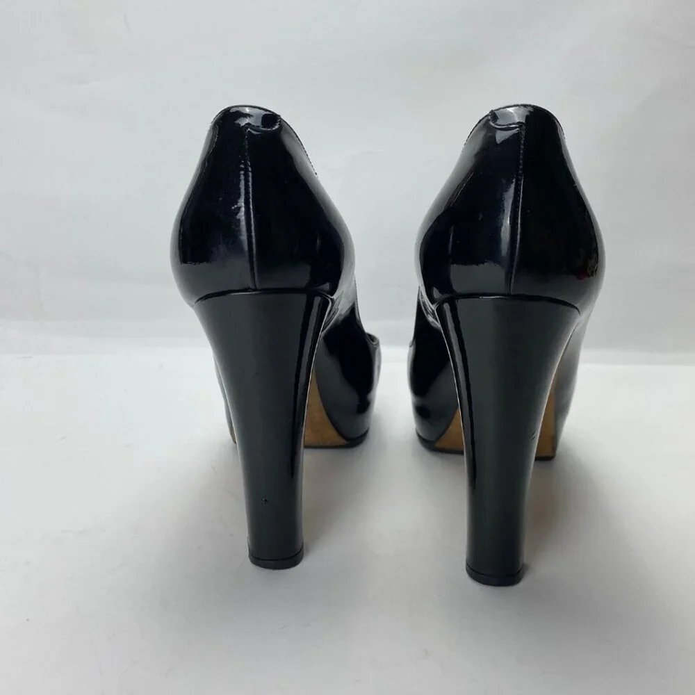 CHANEL Patent Silver Name Plate Chrome Logo Cap Toe Black Chunky Pumps Size 37.5 - Picture 6 of 10